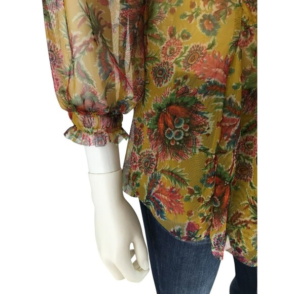 Anthropologie Sheer Mesh Babydoll Henley Top S Chartreuse Floral Balloon Sleeve - Picture 13 of 16